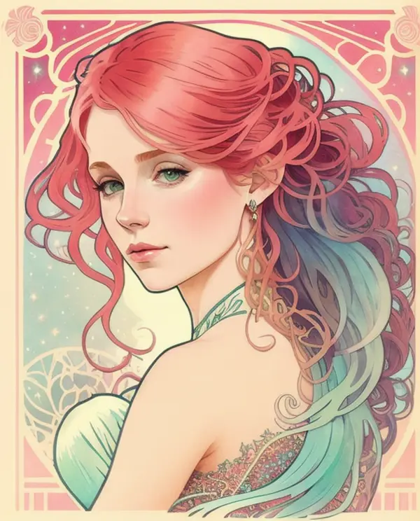 Ariel, Mermaid Girl with a Tail, Red Hair, Pastel, Glitter, Dramatic, Dreamy, Pastel, Watercolor, Whimsical, Delicate, Seashell Crown, Trendy at Artstation, Highly Detailed, Intricate, Portrait, Digital Painting, Fantasy Themes, Fantasy Dress , fantasy concept art, fantasy character art, smug, age girl, perfect body, full body, calm, muted colors, soft lighting, organic shape, minimalist, art nouveau inspired, emma lindstrom and alphonse mucha, trending at artstation