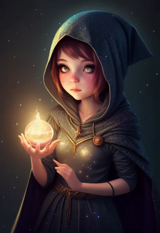 woman, masterpiece, best quality, realistic, happily floating in space, sparkly, glowing, masterpiece, best quality, young sorceress mixing potions, cute, chibi, hood up, moody lighting, fun, happy, silly, glow, glowing, mystical, magical, rim lighting