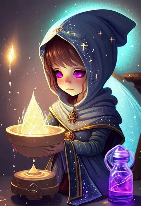 woman, masterpiece, best quality, realistic, happily floating in space, sparkly, glowing, masterpiece, best quality, young sorceress mixing potions, cute, chibi, hood up, moody lighting, fun, happy, silly, glow, glowing, mystical, magical, rim lighting