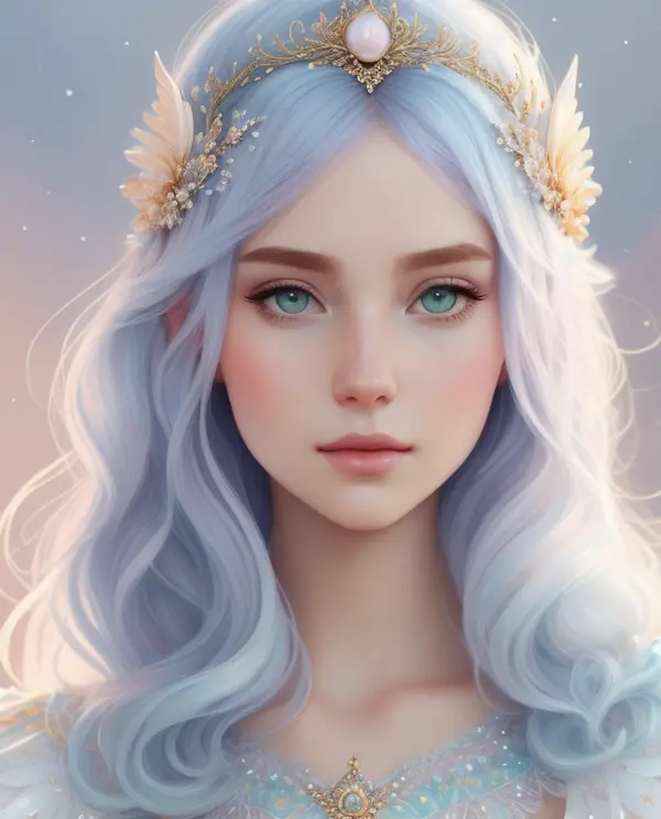 Princess girl with wing, Blue, Pastel, glitter, dramatic, dreamy, pastel, Watercolor, Whimsical, Delicate, seashell crown, Trending on Artstation, Highly detailed, Intricate, Portrait, digital painting, Fantasy theme, Fantasy robes, Fantasy concept art, Fantasy character art, Smug, Teenage girl, perfect body, full body, dreamy, pastel, Watercolor, Whimsical, Delicate, seashell crown, art by loish and lois van baarle, Trending on Artstation, Highly detailed, Intricate, Portrait, digital painting