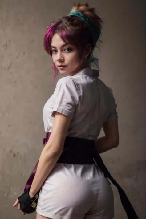 1girl, (masterpiece:1.3), (high resolution), (8K), (extremely detailed), (4k), HDR, realistic, photorealistic, real skin, perfect face, nice eyes and face, (best quality), (super detailed), detailed face and eyes, (solo), textured skin, absurdres, highres, natural light, <lora:more_details:0.4>, <lora:machi-09:1>, wzkomachine, blue eyes, large breasts, sash, bike shorts, short sleeves, bangs, black gloves, fingerless gloves, long hair, pink hair,ponytail, japanese clothes, kimono, backwards, ass, ass focus, huge ass, ass up, nsfw