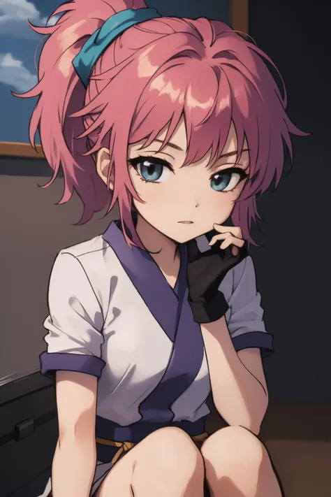 1girl, (masterpiece:1.3), (high resolution), (8K), (extremely detailed), (4k), (pixiv), perfect face, nice eyes and face, (best quality), (super detailed), detailed face and eyes, (solo), textured skin, absurdres, highres, <lora:machi-09:0.8>, wzkomachine, blue eyes, large breasts, sash, bike shorts, short sleeves, bangs, black gloves, fingerless gloves, long hair, pink hair,ponytail, japanese clothes, kimono, sitting on floor, looking at viewer,