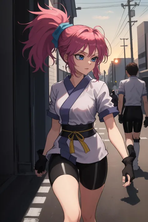 1girl, (masterpiece:1.3), (high resolution), (8K), (extremely detailed), (4k), (pixiv), perfect face, nice eyes and face, (best quality), (super detailed), detailed face and eyes, (solo), textured skin, absurdres, highres, <lora:machi-09:0.8>, wzkomachine, blue eyes, large breasts, sash, bike shorts, short sleeves, bangs, black gloves, fingerless gloves, long hair, pink hair,ponytail, japanese clothes, city, street, tokyo \(city\), people, walking, looking at another, (wind:1.1), sunset