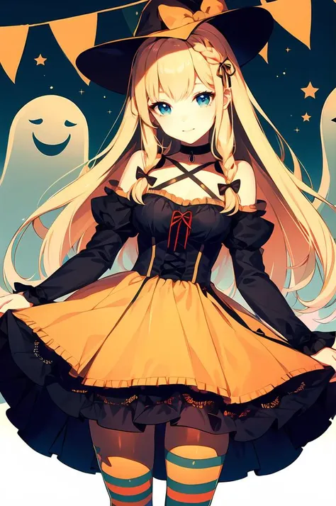 ultra detailed, masterpiece, best quality,
solo,
cowboy shot,
facing viewer,
soft smile, light smile,
1girl, blue eyes, very long hair, blonde hair, long blonde hair, french braid, bangs, medium breasts,
hair ribbon, frilled choker, criss-cross halter, sleeveless dress, high-waist skirt, backless dress, waist bow, detached sleeves, frilled sleeves, wide sleeves, pantyhose, patterned legwear, mary janes, <lora:halloweenCutenessOverload2023:0.75> halloween, jack-o'-lantern, jack-o'-lantern bucket with candy, swirl lollipop, ghost, halloween striped thighhighs, string of flags, witch hat,