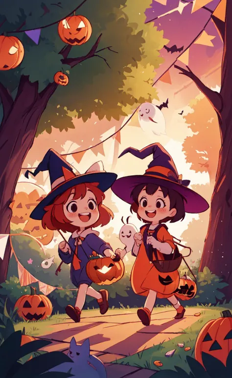 masterpiece, best quality, witch , cute, happy, vibrant, colorful,nature,trail, background forest animals,take a walk,<lora:people_count_slider_v1:5>,halloween, witch hat, grin, (ghost), sweets, candy, candy cane, cookie, string of flags, halloween costume, jack-o'-lantern bucket, halloween,(Sunset) <lora:halloween-lora:0.5>