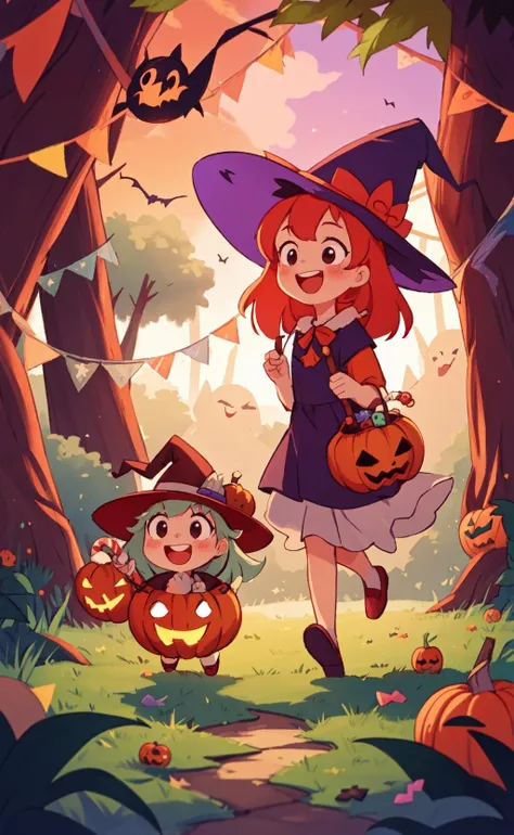 masterpiece, best quality, witch , cute, happy, vibrant, colorful,nature,trail, background forest animals,take a walk,<lora:people_count_slider_v1:5>,halloween, witch hat, grin, (ghost), sweets, candy, candy cane, cookie, string of flags, halloween costume, jack-o'-lantern bucket, halloween,(Sunset) <lora:halloween-lora:0.5>