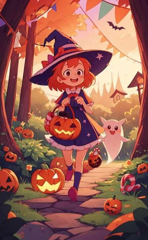 masterpiece, best quality, witch , cute, happy, vibrant, colorful,nature,trail, background forest animals,take a walk,<lora:people_count_slider_v1:5>,halloween, witch hat, grin, (ghost), sweets, candy, candy cane, cookie, string of flags, halloween costume, jack-o'-lantern bucket, halloween,(Sunset) <lora:halloween-lora:0.5>