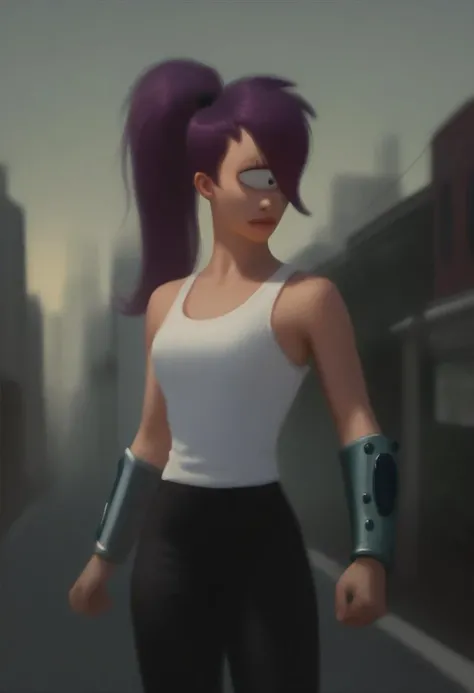 rating_safe, source_cartoon, digital media \(artwork\), detailed, <lora:Turanga_Leela_for_PonyXL:1>, turanga_leela, 1girl, solo, ponytail, long hair, parody, flat color, standing on a city street, white tank-top, black pants, bracer, score_9, score_8_up, score_7_up, score_6_up, score_5_up, score_4_up