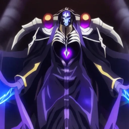 Anime Background_darkpalace, blue_glowing_eyes, surshana, holding_a_giant_scythe, detailed, undeads_lurking_in_the_Background, Scythe, Ainz, detailed_face, 3_persons_standing_together, blue_chest_globe