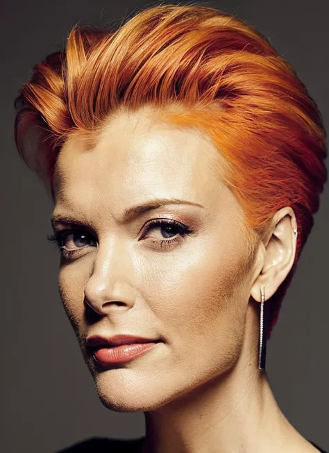 analog style, modelshoot style, portrait of sks woman by Flora Borsi, style by Flora Borsi, bold, bright colours, orange Mohawk haircut, ((Flora Borsi)), <lora:locon_megyn_v1_from_v1_64_32:1.4>