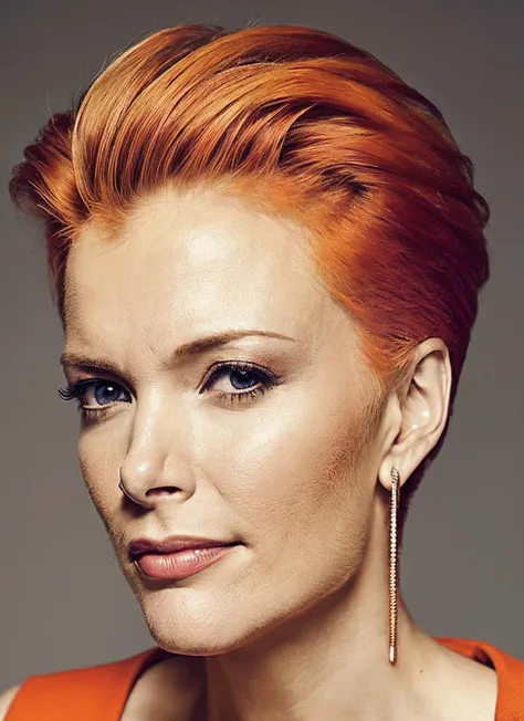 portrait of sks woman by Flora Borsi, style by Flora Borsi, bold, bright colours, orange Mohawk haircut, ((Flora Borsi)), <lora:locon_megyn_v1_from_v1_64_32:1.4>