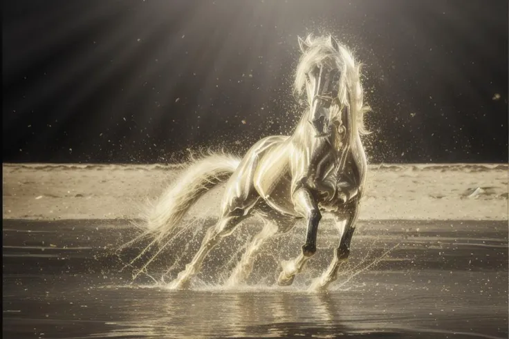 a painting of a horse running through the water on a beach near the ocean shore, majestic, figuration libre, by Gold_Glitter <lora:Gold_Glitter:0.9>