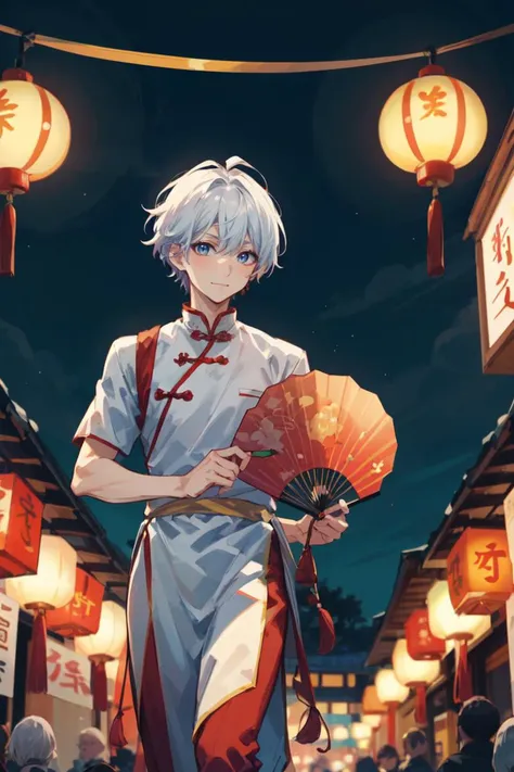 masterpiece, best quality, highres, 1boy, bluish white hair, colored tip, light blue hair tips, blue eyes, pale skin, lean body type, Koyuki Ayase, walking beside the viewer, enjoying night festival view, carrying a hand fan, wearing chinese clothes celebrating chinese festival, looking at the viwer, happy, festive atmosphere, outside, tanghulu vendor on the background, 
night, chins town,  <lora:koyukiAyase001:0.6>, <lora:more_details:0.3>