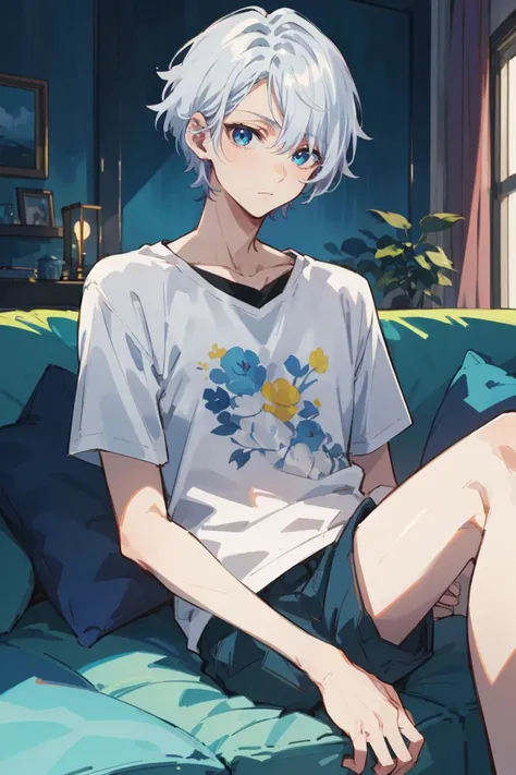 masterpiece, best quality, highres, 1boy, bluish white hair, colored tip, light blue hair tips, blue eyes, pale skin, lean body type, Koyuki Ayase, resting on a couch, looking boredly at his smartphone, glancing at the viewer, detailed lights and soft shadow, living room with blue and silver interior design, <lora:koyukiAyase001:0.6>