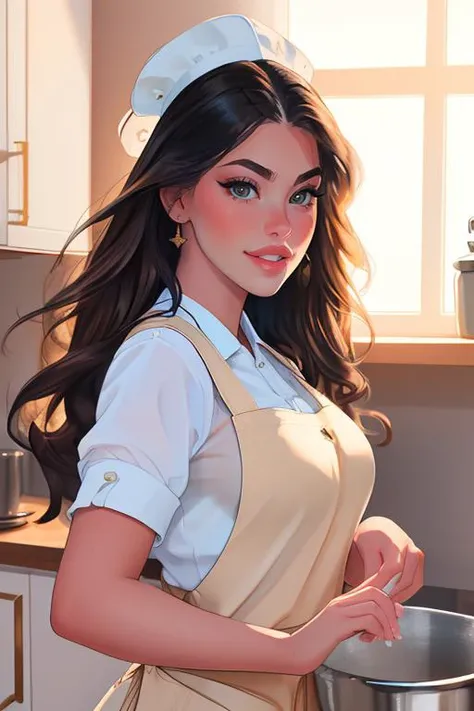 DEN_honey_bee,
baking in a bright kitchen wearing an apron, pinny, baking, cooking, chef, apron,
bokeh, f1.4, 40mm, photorealistic, raw, 8k, textured skin, skin pores, intricate details <lora:epi_noiseoffset2:1>, epiCRealism <lora:ClothingAdjuster3:-1.3>