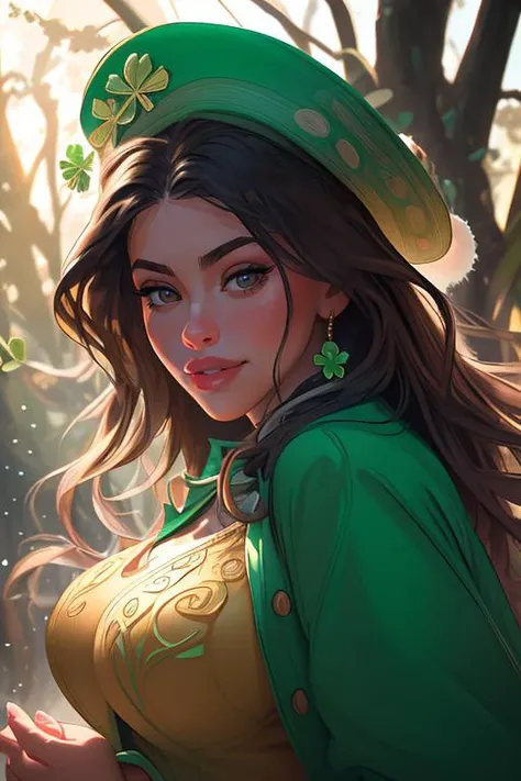 DEN_honey_bee,
posing in an (enchanted forest:1.2) dressed as a (leprechaun:1.2), (shamrocks, clovers:1.2), , lucky charms, leprechaun, green clothing, green jacket and green shorts and a green hat, (magical:1.2), (enchanting:1.2),
bokeh, f1.4, 40mm, photorealistic, raw, 8k, textured skin, skin pores, intricate details  <lora:epi_noiseoffset2:1>, epiCRealism <lora:ClothingAdjuster3:-1.3>