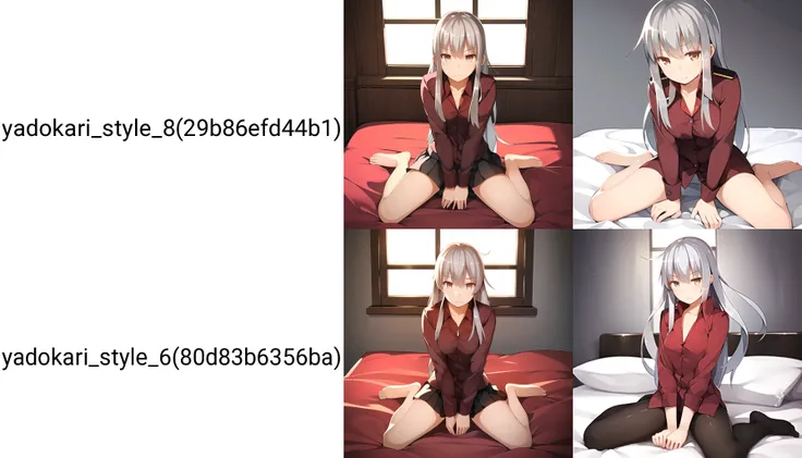 (masterpiece), (best quality), (ultra-detailed),(best shadow:0.7), (best illustration), (an extremely delicate and beautiful), photorealistic, finely detail, 1girl, solo, full body, on bed, sitting, (wariza:1.22) finely detailed iris, finely detailed hair, (gangut) from kantai collection, grey hair, brown eyes, breasts, red collared shirt, red shirt,