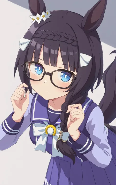 1girl, <lora:sdxl-um-zennorobroy:0.6> ZennoRobRoy, petite horse girl, horse ears, horse tail, jitome, tareme, black hair, blunt bangs, parted bangs, hair flaps, sidelocks_on_ribbons, single braid, side braid, french braid, crown braid, braid on forehead, flower ornament going around her right ear, black boston glasses, blue eyes, medium breasts, skindantation +++ <lora:_sdxl-um-trauniform:0.7> trawinuni, winter tracen_school_uniform, purpleblue sailor collar, purpleblue skirt, darkblue thighhighs, white_bowtie, skyblue_long sleeve blouse, white back bowtie , , looking up, portrait, Rim Light, contrapposto, dynamic pose, extremely quality extremely detailed, illustration, cute anime face