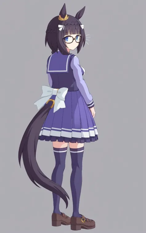1girl, <lora:sdxl-um-zennorobroy:0.6> ZennoRobRoy, petite horse girl, horse ears, horse tail, jitome, tareme, black hair, blunt bangs, parted bangs, hair flaps, sidelocks_on_ribbons, single braid, side braid, french braid, crown braid, braid on forehead, flower ornament going around her right ear, black boston glasses, blue eyes, medium breasts, skindantation +++ <lora:_sdxl-um-trauniform:0.7> trawinuni, winter tracen_school_uniform, purpleblue sailor collar, purpleblue skirt, darkblue thighhighs, white_bowtie, skyblue_long sleeve blouse, white back bowtie, school , whiskers, half opened mouth, , looking back, full body, Kick Light, contrapposto, dynamic pose, extremely quality extremely detailed, illustration, cute anime face