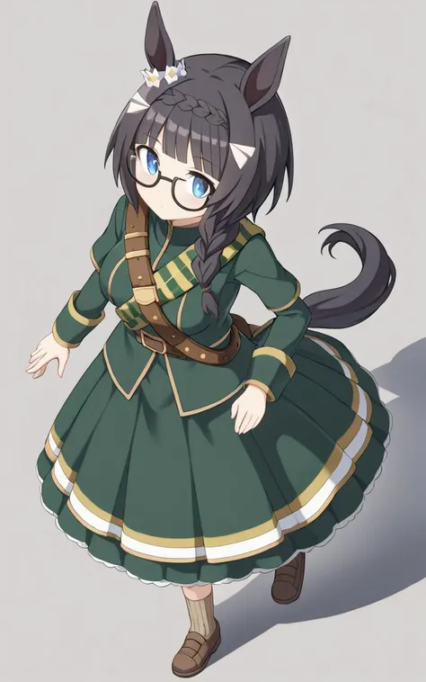 1girl, <lora:sdxl-um-zennorobroy:0.6> ZennoRobRoy, petite horse girl, horse ears, horse tail, jitome, tareme, black hair, blunt bangs, parted bangs, hair flaps, sidelocks_on_ribbons, single braid, side braid, french braid, crown braid, braid on forehead, flower ornament going around her right ear, black boston glasses, blue eyes, medium breasts, skindantation +++ (intricate deepgreen wizard's long cort, muffler, green beret, intricate gold ornament belt, darkgreen dress, long skirt, beige socks, shoes) , from above, looking away, Profile Shot, Key Light, contrapposto, dynamic pose, extremely quality extremely detailed, illustration, cute anime face