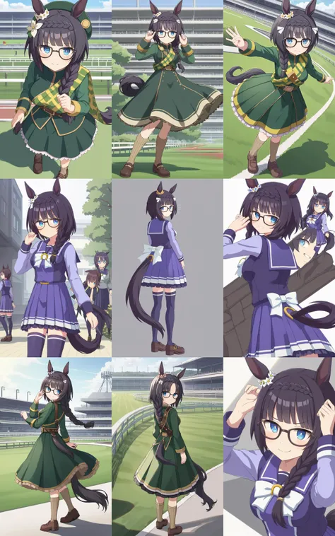 1girl, <lora:sdxl-um-zennorobroy:0.6> ZennoRobRoy, petite horse girl, horse ears, horse tail, jitome, tareme, black hair, blunt bangs, parted bangs, hair flaps, sidelocks_on_ribbons, single braid, side braid, french braid, crown braid, braid on forehead, flower ornament going around her right ear, black boston glasses, blue eyes, medium breasts, skindantation +++ { (intricate deepgreen wizard's long cort, muffler, green beret, intricate gold ornament belt, darkgreen dress, long skirt, beige socks, shoes) | <lora:_sdxl-um-trauniform:0.7> __tracenuni__ }, __view__, __look__, __shots__, __lightingS__, contrapposto, dynamic pose, extremely quality extremely detailed, illustration, cute anime face