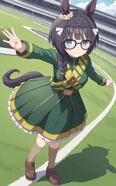1girl, <lora:sdxl-um-zennorobroy:0.6> ZennoRobRoy, petite horse girl, horse ears, horse tail, jitome, tareme, black hair, blunt bangs, parted bangs, hair flaps, sidelocks_on_ribbons, single braid, side braid, french braid, crown braid, braid on forehead, flower ornament going around her right ear, black boston glasses, blue eyes, medium breasts, skindantation +++ (intricate deepgreen wizard's long cort, muffler, green beret, intricate gold ornament belt, darkgreen dress, long skirt, beige socks, shoes), turf, race track , wavy mouth, POV, look up to, Dutch Angle/Dutch TiltAfullbody, Kick Light, contrapposto, dynamic pose, extremely quality extremely detailed, illustration, cute anime face