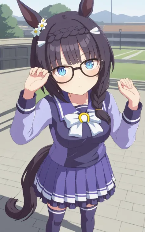 1girl, <lora:sdxl-um-zennorobroy:0.6> ZennoRobRoy, petite horse girl, horse ears, horse tail, jitome, tareme, black hair, blunt bangs, parted bangs, hair flaps, sidelocks_on_ribbons, single braid, side braid, french braid, crown braid, braid on forehead, flower ornament going around her right ear, black boston glasses, blue eyes, medium breasts, skindantation +++ <lora:_sdxl-um-trauniform:0.7> trawinuni, winter tracen_school_uniform, purpleblue sailor collar, purpleblue skirt, darkblue thighhighs, white_bowtie, skyblue_long sleeve blouse, white back bowtie , toward the buttocks, looking up, portrait, Soft Light, contrapposto, dynamic pose, extremely quality extremely detailed, illustration, cute anime face