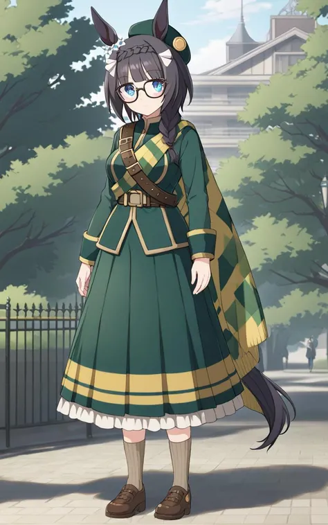 <lora:sdxl-um-zennorobroy:0.6> ZennoRobRoy 1girl, horse girl, horse ears, horse tail, jitome, tareme, black hair, blunt bangs, parted bangs, hair flaps, sidelocks_on_ribbons, single braid, side braid, french braid, crown braid, braid on forehead, flower ornament going around her right ear, black boston glasses, blue eyes, medium breasts, skindantation
(intricate deepgreen wizard's long cort, muffler, green beret, intricate gold ornament belt, darkgreen dress, long skirt, beige socks, shoes)