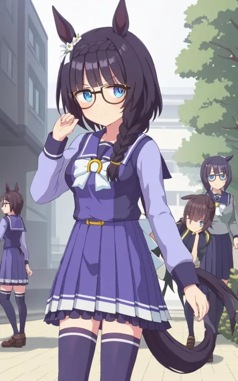 1girl, <lora:sdxl-um-zennorobroy:0.6> ZennoRobRoy, petite horse girl, horse ears, horse tail, jitome, tareme, black hair, blunt bangs, parted bangs, hair flaps, sidelocks_on_ribbons, single braid, side braid, french braid, crown braid, braid on forehead, flower ornament going around her right ear, black boston glasses, blue eyes, medium breasts, skindantation +++ <lora:_sdxl-um-trauniform:0.7> trawinuni, winter tracen_school_uniform, purpleblue sailor collar, purpleblue skirt, darkblue thighhighs, white_bowtie, skyblue_long sleeve blouse, white back bowtie, school , wavy mouth, hip focus, looking away, cowboy shot, Ambient Light, contrapposto, dynamic pose, extremely quality extremely detailed, illustration, cute anime face