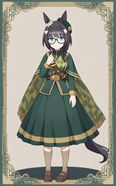 1girl, <lora:sdxl-um-zennorobroy:0.6> ZennoRobRoy, horse girl, horse ears, horse tail, jitome, tareme, black hair, blunt bangs, parted bangs, hair flaps, sidelocks_on_ribbons, single braid, side braid, french braid, crown braid, braid on forehead, flower ornament going around her right ear, black boston glasses, blue eyes, medium breasts, skindantation +++ (intricate deepgreen wizard's long cort, muffler, green beret, intricate gold ornament belt, darkgreen dress, long skirt, beige socks, shoes)