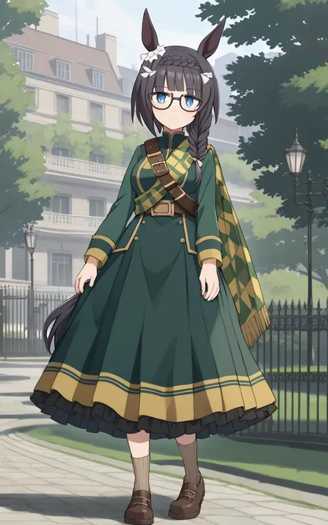 <lora:sdxl-um-zennorobroy:0.6> ZennoRobRoy 1girl, horse girl, horse ears, horse tail, jitome, tareme, black hair, blunt bangs, parted bangs, hair flaps, sidelocks_on_ribbons, single braid, side braid, french braid, crown braid, braid on forehead, flower ornament going around her right ear, black boston glasses, blue eyes, medium breasts, skindantation
(intricate deepgreen wizard's long cort, muffler, green beret, intricate gold ornament belt, darkgreen dress, long skirt, beige socks, shoes)
