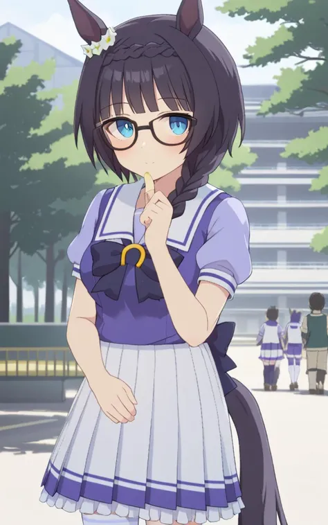 1girl, <lora:sdxl-um-zennorobroy:0.6> ZennoRobRoy, horse girl, horse ears, horse tail, jitome, tareme, black hair, blunt bangs, parted bangs, hair flaps, sidelocks_on_ribbons, single braid, side braid, french braid, crown braid, braid on forehead, flower ornament going around her right ear, black boston glasses, blue eyes, medium breasts, skindantation +++ <lora:_sdxl-um-trauniform:0.7> trasumuni, summer tracen_school_uniform, white sailor collar, white skirt, white thighhighs, darkblue_bowtie, skyblue short sleeve blouse, darkblue back bowtie