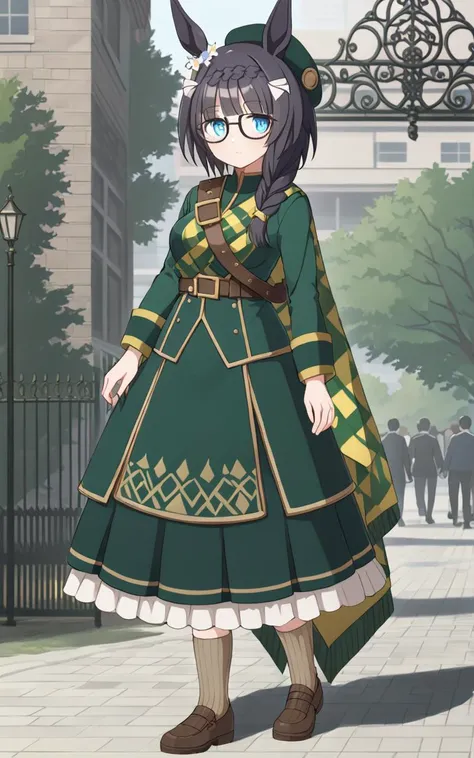 <lora:sdxl-um-zennorobroy:0.6> ZennoRobRoy 1girl, horse girl, horse ears, horse tail, jitome, tareme, black hair, blunt bangs, parted bangs, hair flaps, sidelocks_on_ribbons, single braid, side braid, french braid, crown braid, braid on forehead, flower ornament going around her right ear, black boston glasses, blue eyes, medium breasts, skindantation
(intricate deepgreen wizard's long cort, muffler, green beret, intricate gold ornament belt, darkgreen dress, long skirt, beige socks, shoes)