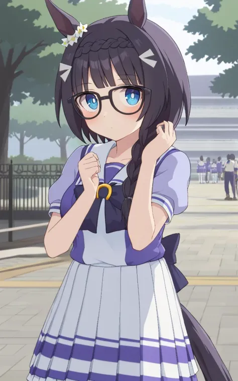 1girl, <lora:sdxl-um-zennorobroy:0.6> ZennoRobRoy, horse girl, horse ears, horse tail, jitome, tareme, black hair, blunt bangs, parted bangs, hair flaps, sidelocks_on_ribbons, single braid, side braid, french braid, crown braid, braid on forehead, flower ornament going around her right ear, black boston glasses, blue eyes, medium breasts, skindantation +++ <lora:_sdxl-um-trauniform:0.7> trasumuni, summer tracen_school_uniform, white sailor collar, white skirt, white thighhighs, darkblue_bowtie, skyblue short sleeve blouse, darkblue back bowtie