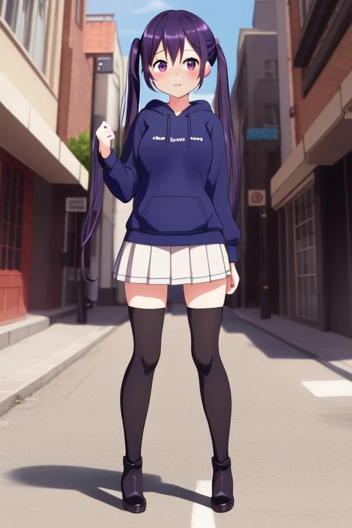((((ultra illustrated style:1.0)))),best quality,best animated,masterpiece,ray tracing, global illumination,1girl, solo,full body,long hair,twintails,hoodie,pleated skirt,zettai ryouiki,boots, shy,city, street,building, <lora:Tedeza Rize:0.7>
