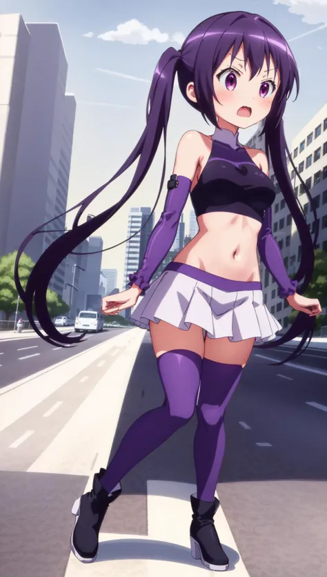 ((((ultra illustrated style:1.0)))),best quality,best animated,masterpiece,ray tracing, global illumination,1girl, solo,full body,long hair,twintails,crop top,bare shoulders,pleated skirt,zettai ryouiki,boots,surprised,city,road,crosswalk,skyscrapers, <lora:Tedeza Rize_01:0.9>