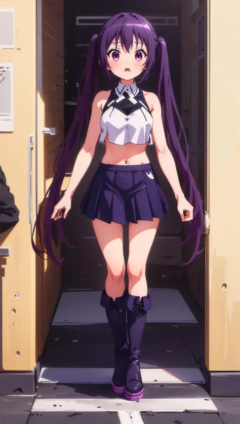 ((((ultra illustrated style:1.0)))),best quality,best animated,masterpiece,ray tracing, global illumination,1girl, solo,full body,long hair,twintails,crop top,bare shoulders,pleated skirt,zettai ryouiki,boots,surprised,city,road,crosswalk,skyscrapers, <lora:Tedeza Rize_01:0.9>