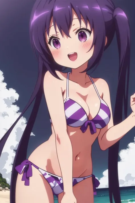 ((((ultra illustrated style:1.0)))),best quality,best animated,masterpiece,ray tracing, global illumination,1girl, solo,cowboy shot,purple white diagonal bikini,sea,beach,swimsuit, happy,<lora:Tedeza Rize_01:0.8>
