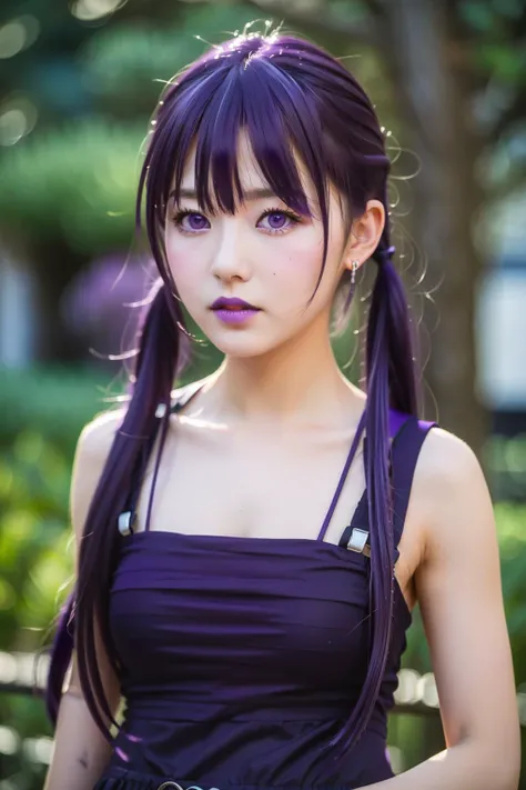 (8k, RAW photo, best quality, masterpiece:1.2), (realistic, photo-realistic:1.37), ultra highres, depth of field, chromatic aberration, caustics, Broad lighting, natural shading,Fujifilm XT3,masterpiece,ultra detailed,1girl, solo,(Purple hair:1.4),long hair,twintails,outdoors, standing, looking at viewer,dress,   <lora:Tedeza Rize_01:0.7>