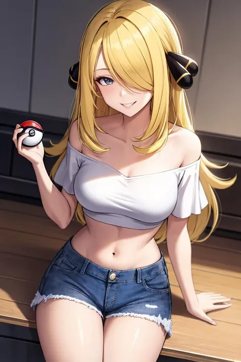 Highres, Detailed, Extremely Detailed,
indoors,
in front, (cowboy shot),
solo, cynthia (pokemon), sitting, (holding pokeball:1.2),
perfect slim body, (medium breasts),
off-shoulder, (crop top), short sleeves, (short denim shorts),
blue eyes, seductive smile, teeth,
blonde hair, (long hair), hair over one eye, (hair ornament:1.1),
hyper detailed, high quality,
<lora:cynthia_v1_2:0.55>,
<lora:PerfectFullBreasts-fCV3.5:0.6>