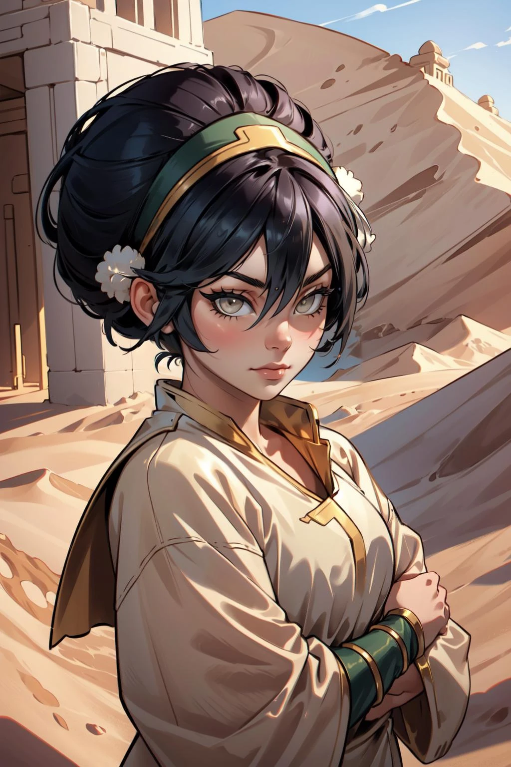 (masterpiece, best quality), intricate details,
1girl, <lora:toph_bei_fong-10:0.8> toph_bei_fong, white eyes, blind
young, desert, sand, sand dunes, egyptian temple,