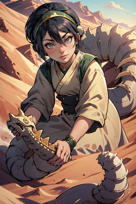 (masterpiece, best quality),  intricate details,
1girl,     <lora:toph_bei_fong-10:0.8> toph_bei_fong, white eyes, blind
young, desert, sand, sand dunes,  giant sandworm,