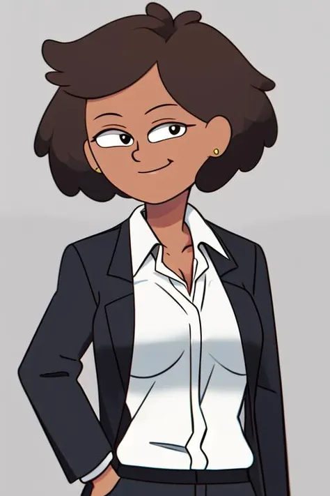 masterpiece, best quality, <lora:mrs_boonchuy:0.8> 1girl, solo, brown hair, short hair, earrings, dot pupils, looking at viewer, smile, dark skin, collared shirt, white shirt, black jacket, black necktie, long sleeves, formal, black suit, simple background, blue background, standing, upper body, breasts,
