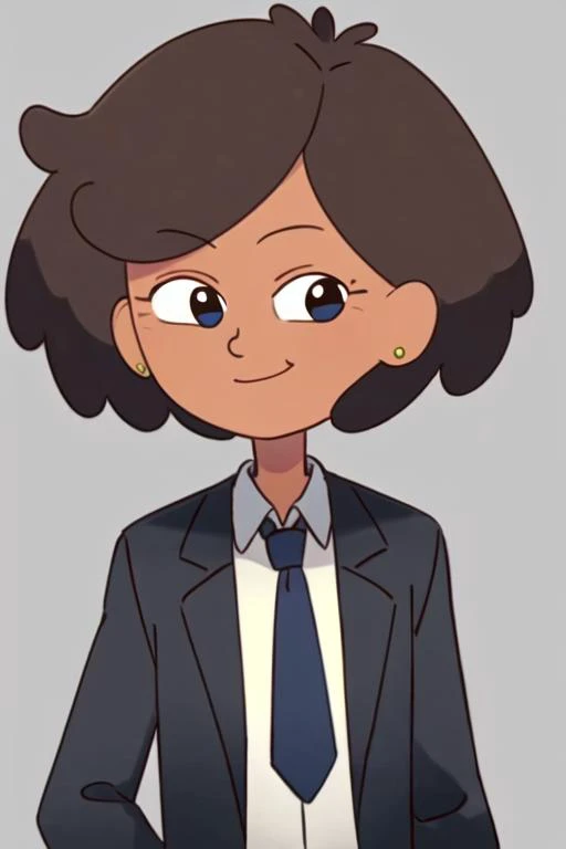 masterpiece, best quality, <lora:mrs_boonchuy:0.8> 1girl, solo, brown hair, short hair, earrings, dot pupils, looking at viewer, smile, dark skin, collared shirt, white shirt, black jacket, black necktie, long sleeves, formal, black suit, simple background, blue background, standing, upper body