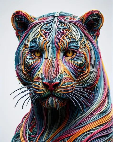 made of mad-cable, designed by Dan Mumford, Artgerm, Greg Rutkowski and Andy Warhol, Tiger, Vampiric and Dull, at Overcast, 80mm, Velvia, sci-fi, <lora:Cables_SDXL:1>