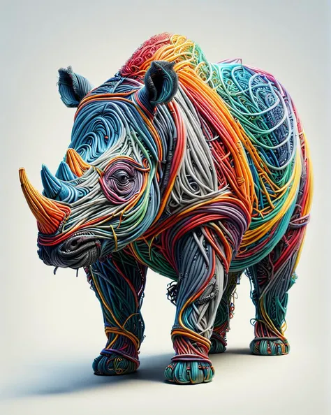 made of mad-cable, Post-Rock, Classic Rhinoceros with Elderly tail, Sunny, Detailed illustration, <lora:Cables_SDXL:1>