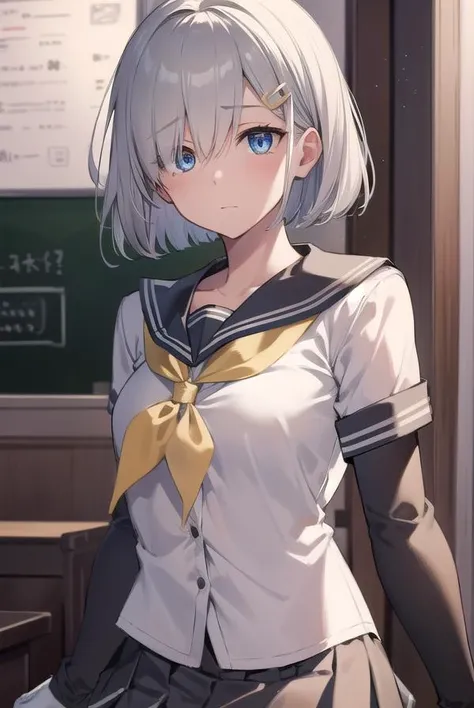 hamakaze, <lyco:hamakaze-lyco-nochekaiser:1>,
hamakaze, blue eyes, grey hair, hair ornament, hair over one eye, hairclip, short hair, short hair,
BREAK black pantyhose, buttons, gloves, grey sailor collar, grey skirt, hairclip, neckerchief, pantyhose, pleated skirt, sailor collar, school uniform, serafuku, skirt, white gloves, yellow neckerchief,
BREAK looking at viewer,
BREAK indoors, classroom,
BREAK <lyco:GoodHands-beta2:1>, (masterpiece:1.2), best quality, high resolution, unity 8k wallpaper, (illustration:0.8), (beautiful detailed eyes:1.6), extremely detailed face, perfect lighting, extremely detailed CG, (perfect hands, perfect anatomy),