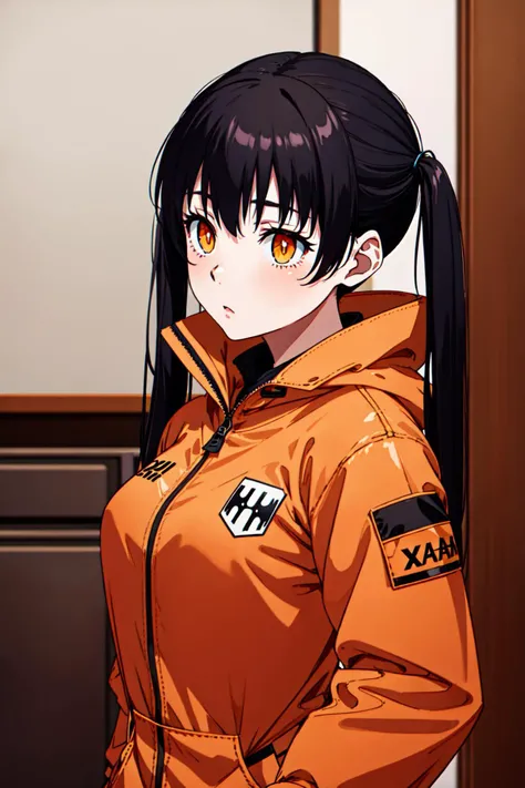 1girl, solo, <lora:Tamaki Kotatsu_V2-000005:0.8>, Tamaki Kotatsu, twintails, black hair, long hair, bangs, blush, orange eyes, orange hoodie, orange jacket, orange shirt, orange sweater, <lyco:GoodHands-beta2:1.0>, fix, (masterpiece:1.2), highres, best quality, 8k, very clear,