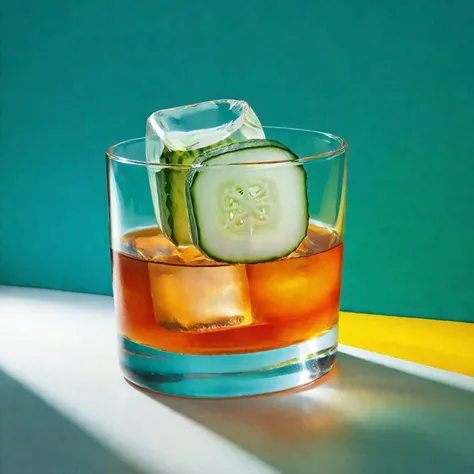 cocktail, rocks glass, dark orange transparent fluid color, with one big ice cube, cucumber garnish, garnish in glass, clear glass, left teal background, right yellow background, white floor, shadow play, rainbow effect, geometric setup <lora:upscaled-special-format-v3-000016:1>