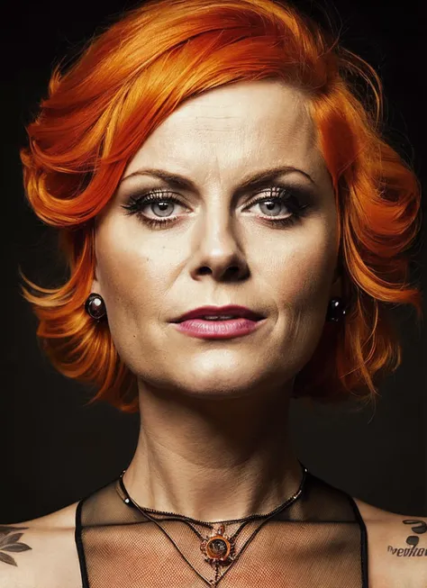 portrait of sks woman by Flora Borsi, style by Flora Borsi, bold, bright colours, orange Mohawk haircut, ((Flora Borsi)), <lora:locon_amypohler_v1_from_v1_64_32:1.25>